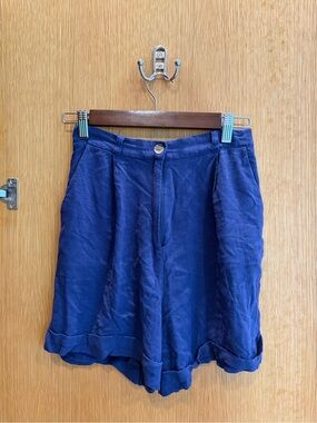Parisian Brand Blue Women's High-Waist Cotton Linen Blend Shorts